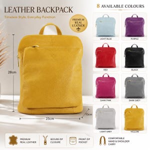 May include: A yellow leather backpack measuring 28cm by 25cm by 15cm with a front zip pocket and top handle. The image displays the text LEATHER BACKPACK, PREMIUM REAL LEATHER, and shows eight available colours including light blue, purple, red, black, dark pink, dark grey, light grey, and yellow.
