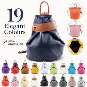 May include: A navy blue leather backpack with a tan strap and silver twist-lock closure. The bag measures 35cm high, 33cm wide, and 13cm deep. The image displays 19 colour variations of the same backpack design, including orange, pink, yellow, and black.