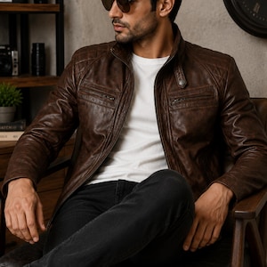 May include: A dark brown leather jacket featuring a quilted shoulder design, a stand-up collar with a snap button closure, and horizontal zippered chest pockets. The jacket is worn over a plain white t-shirt and paired with dark charcoal denim jeans.