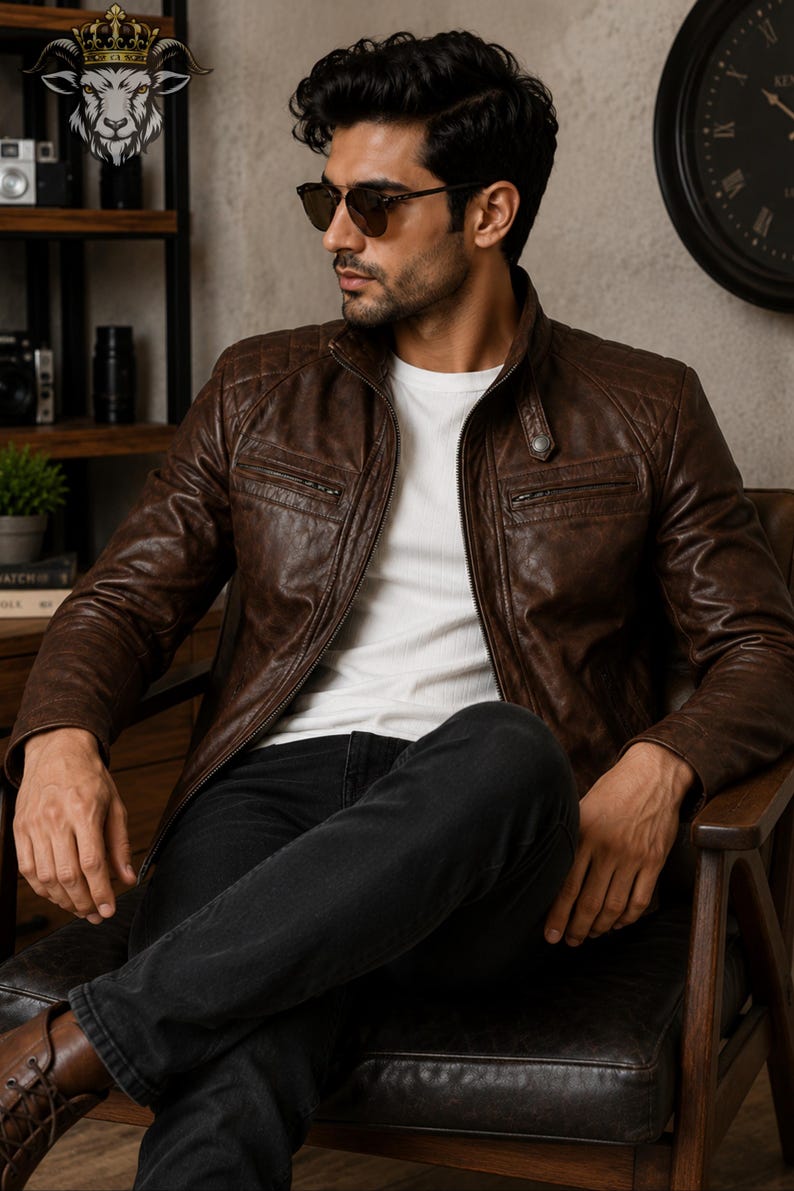 May include: A dark brown leather jacket featuring a quilted shoulder design, a stand-up collar with a snap button closure, and horizontal zippered chest pockets. The jacket is worn over a plain white t-shirt and paired with dark charcoal denim jeans.