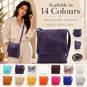 Può includere: Una borsa a tracolla in pelle italiana viola con chiusura a patta e tracolla regolabile. La borsa misura 28 cm di altezza, 22 cm di larghezza e 3 cm di profondità. L'immagine include il testo Available in 14 Colours e mostra vari colori.