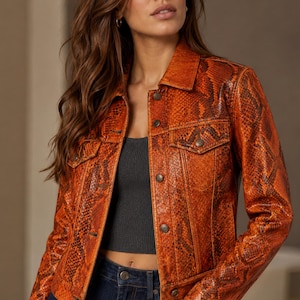 Orange Python Embossed Genuine Leather Trucker Jacket for Women, Cropped Snake Print Leather Jacket, Luxury Western Moto Denim Style Jacket