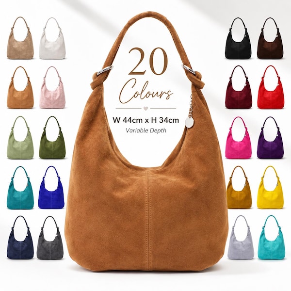Suede Hobo Bag, Italian  Oversized Leather Shoulder Bag, Large Slouchy Handbag, Zip Top Everyday Tote, Made in Italy