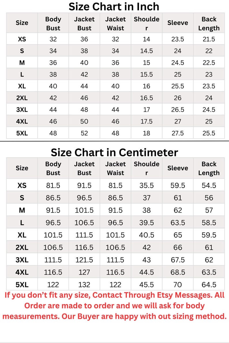 Op de afbeelding: Een tweedelige maattabel met afmetingen in inches en centimeters voor de maten XS tot 5XL. De kolommen bevatten lichaamsborstomvang, jasborstomvang, jastaille, schouderbreedte, mouwlengte en ruglengte. Rode tekst onderaan biedt contact.