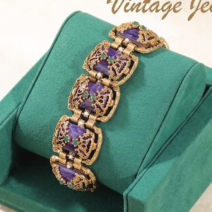 Vintage Charoite Filigree Bracelet, 18K Gold Pearl Agate Statement Cuff