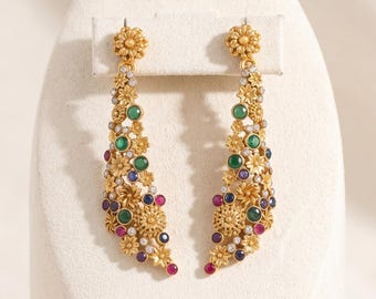Antique Gold Floral Cascade Earrings | Emerald Ruby Crystal Mughal Statement Jewelry