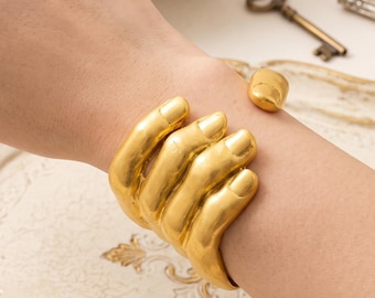 Sculptural Gold Hand Cuff Bracelet, Schiaparelli Style, Surrealist Statement Jewelry