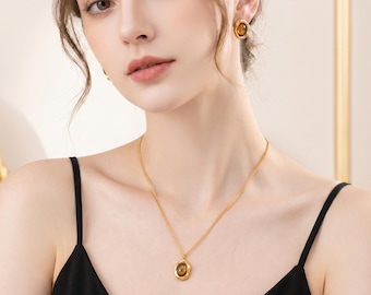 Tiger Eye Gold Jewelry Set: Necklace, Earrings, 316L Stainless Steel, Waterproof