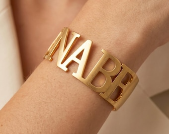 Pulsera personalizada con nombre en letras grandes, estilo punk, de acero inoxidable, ajustable, regalo para mujer.