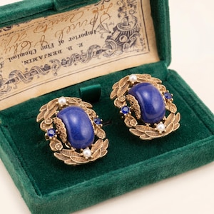 Vintage Antique Gold Blue Oval Stone Stud Earrings Women | Leaf Filigree Pearl Crystal Frame | Retro Luxury Statement Jewelry Gift