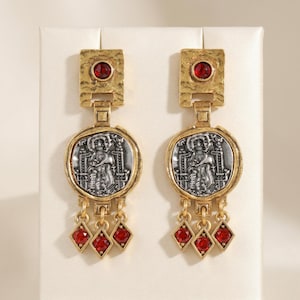 Vintage Antique Gold Byzantine Coin Drop Earrings Women | Red Ruby Stone Square Stud Diamond Tassel | Luxury Statement Jewelry Gift
