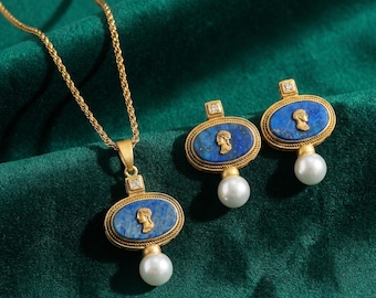 Vintage Cameo Jewelry Set: Lapis Lazuli, Pearl, Antique Gold Roman Portrait