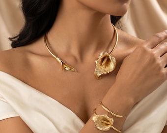 Gold Calla Lily Choker Necklace and Cuff Bracelet Set | Botanical Statement Jewelry