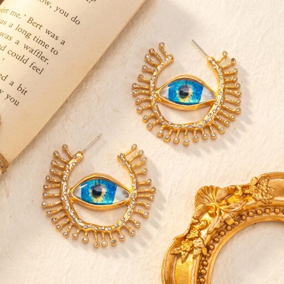 24K Gold Plated Evil Eye Eyelash Hoop Earrings, Rhinestone Surrealist Statement Jewelry