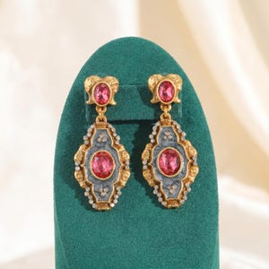 Vintage Pink Ruby Crystal Drop Earrings, Antique Gold Dark Enamel Palace Shield Dangle, Luxury Baroque Statement Jewellery Gift Women