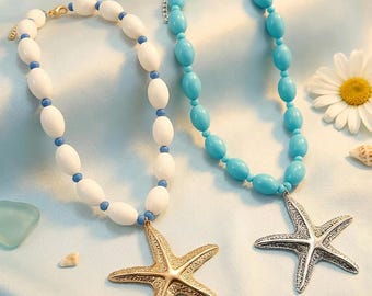 Oversized Starfish Pendant Necklace, White or Turquoise Oval Beads, Boho Beach Statement Jewellery