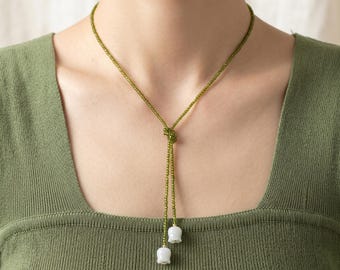 Olive Green Crystal Bead Lily Necklace, White Flower Charm, Double Layer Wrap, Boho Jewellery
