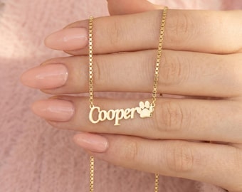 Collar personalizado con nombre de mascota y huella de pata / Collar personalizado con nombre de perro / Regalo para amantes de las mascotas / Joyería conmemorativa para mascotas / Collar con nombre en oro
