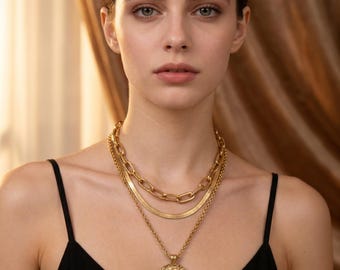 Layered Gold Coin Pendant Necklace Set | Chunky Paperclip Chain Medallion