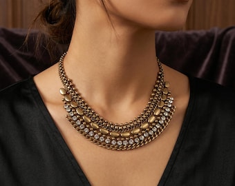 Vintage Layered Collar Necklace | Boho Rhinestone Bib Necklace | Antique Bronze Statement Necklace | Ethnic Choker | Party Gift Her