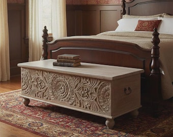 Rose Medallion Carved Storage Trunk