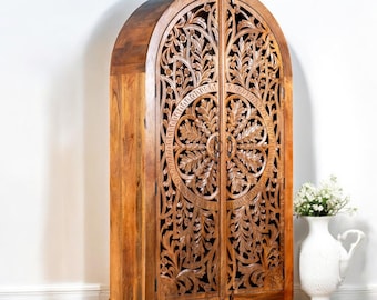 Hand Carved Mango Wood Wardrobe, Arched Boho Cabinet, Vintage Wooden Armoire, Rustic Storage Cabinet, Mediterranean Style Wardrobe