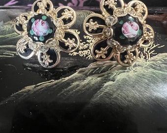 Beautiful vintage Guilloche Rose enamel earrings with clear rhinestones