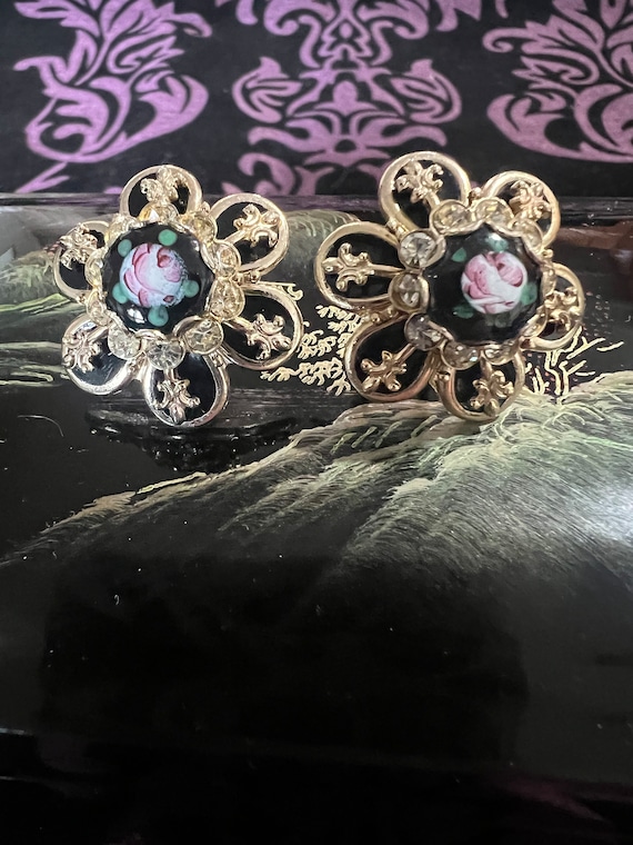 Beautiful vintage Guilloche Rose enamel earrings … - image 1