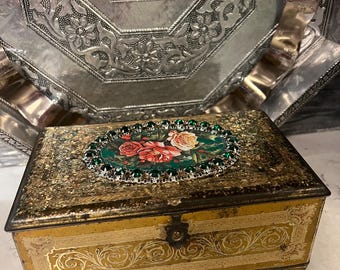 pretty Vintage Metal Candy Box with roses and rhinestones