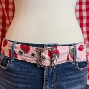 Trendy Strawberry fabric belt with silver buckle