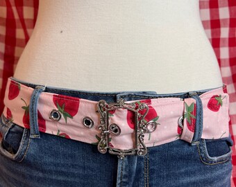 Trendy Strawberry fabric belt with silver buckle