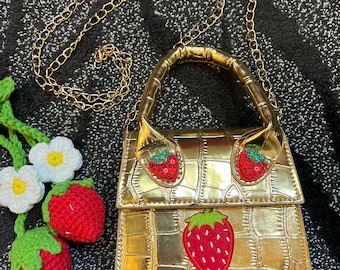 Adorable gold Strawberry Crossbody Purse with single handle or long chain