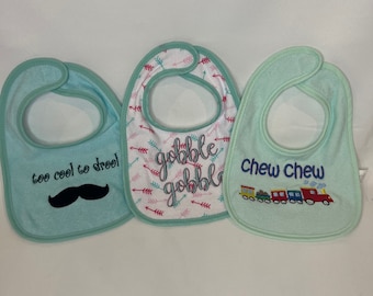 Adorable Baby bibs SET bundle of 3 cute embroidery sayings for boys