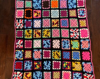Vintage colorful Bohemian Granny square crochet blanket