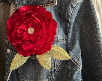 Handmade realistic fabric rose flower corsage pin