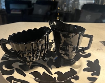 Black Glass Vintage Cream and Sugar Set