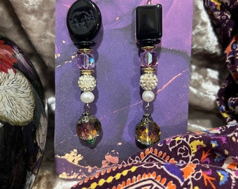 Boho square glass beads & pearl handmade dangle earrings