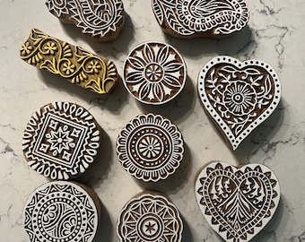 Wooden hand carved set of ink or paint stamps-10 collection lot
