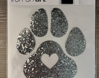 Large Iron On Dog Paw silver glitter patch