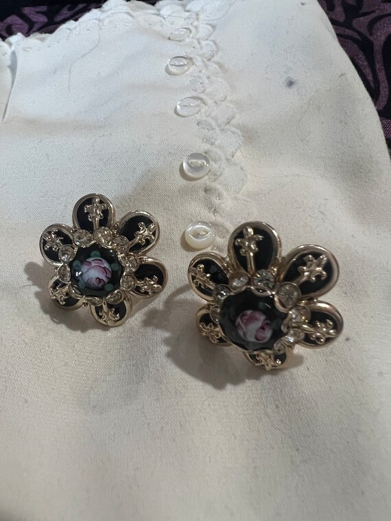 Beautiful vintage Guilloche Rose enamel earrings … - image 2