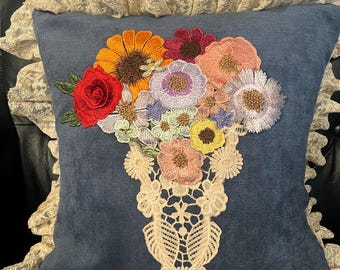 Handmade velvet pillow with colorful beautiful embroidered flowers