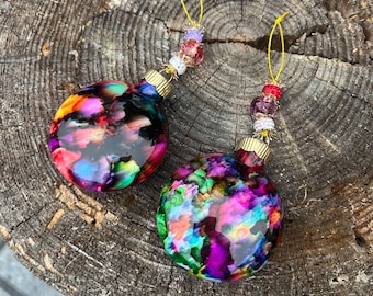 Beautiful hand painted Christmas glass bauble ornament bejeweled rhinestone beads