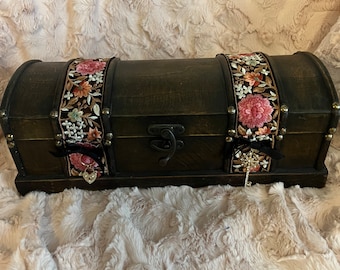 Pretty wooden box treasure chest with embroidered ribbon and charms