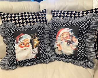 Adorable Handmade Ruffled Pair of Santa Christmas pillows