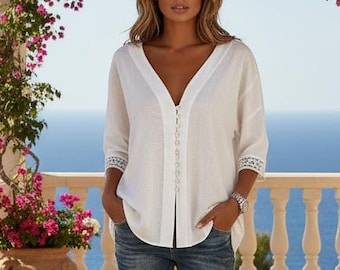 Linnen blouse met V-hals, ontspannen boho-zomertuniektop