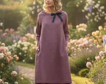 Linnen midi-jurk, shirt met lange mouwen, zakken, casual alledaagse elegante outfit