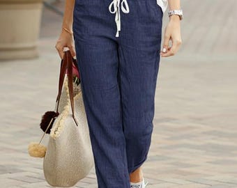 Linnen broek dames, linnen broek, elastische taille broek met trekkoord, casual zomerbroek, lichtgewicht linnen broek, broek met losse pasvorm