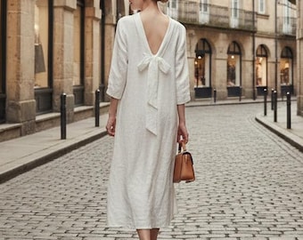 Witte linnen jurk dames, minimalistische knielange jurk, losse zomerjurk, elegante casual linnen outfit