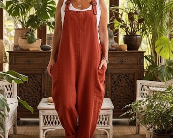 Linnen overall dames, loose fit jumpsuit, casual tuinbroek romper, linnen boxpakje, boho zomeroutfit, relaxte pasvorm