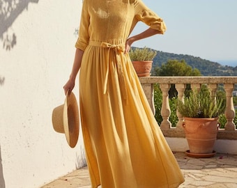 Boho maxi linnen jurk dames, vloeiende zomerjurk, lange jurk met riem, vakantie-outfit cottagecore, veelkleurige jurk